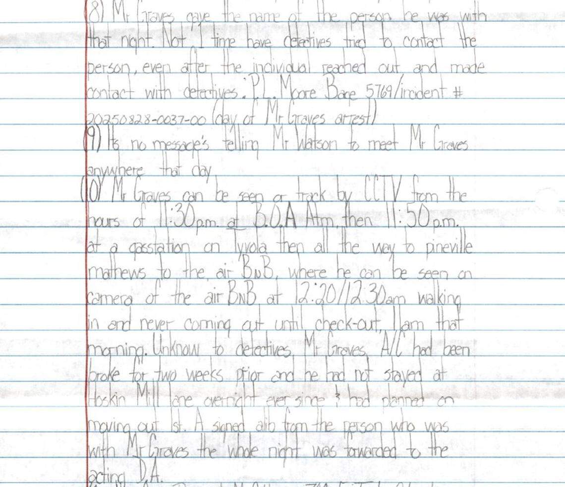 David Graves submitted a handwritten motion to dismiss and wrote a letter to Superior Court Judge Carla Archie saying surveillance video would show he was on the other side of Charlotte when Sean Watson was shot.