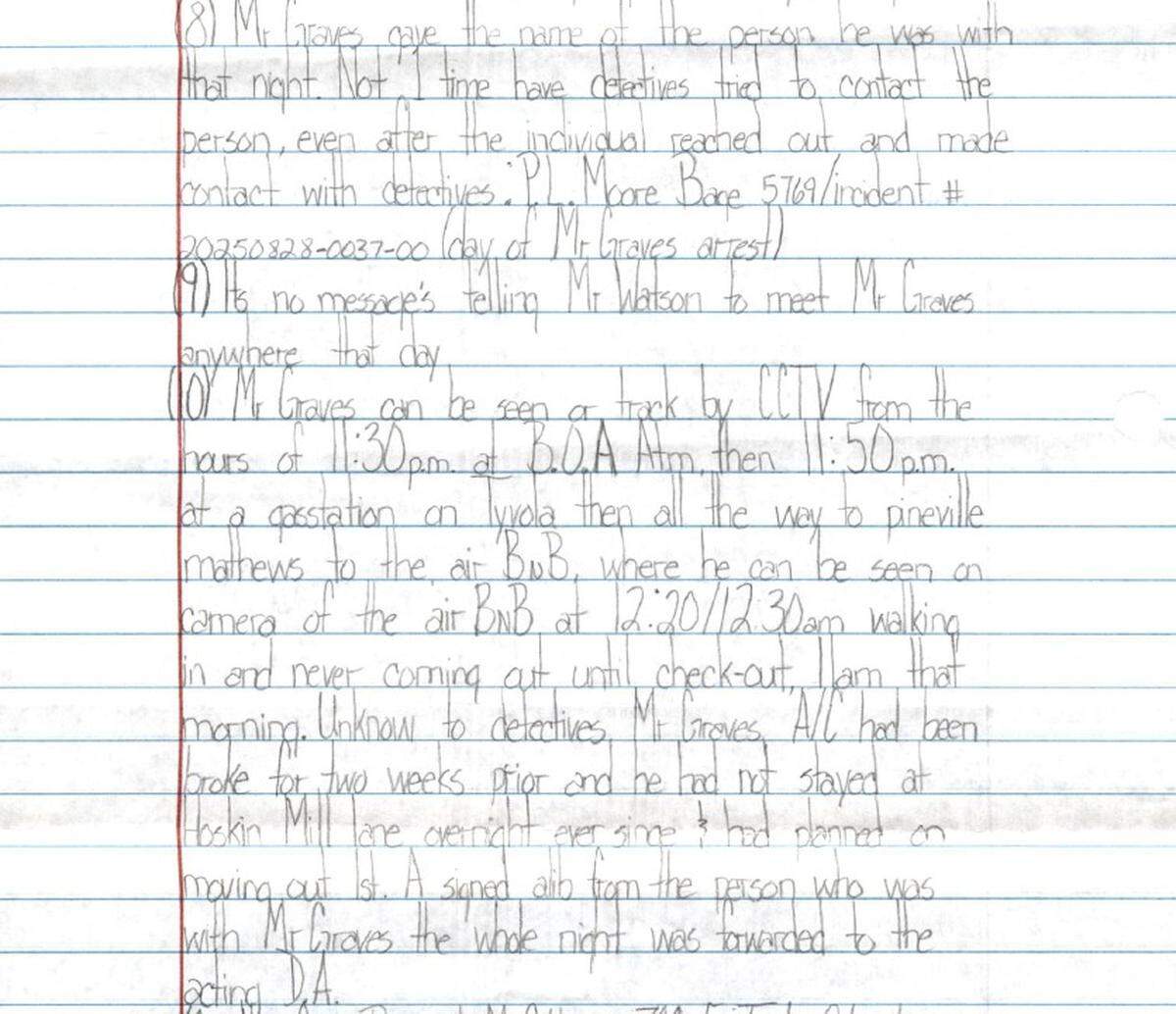 David Graves submitted a handwritten motion to dismiss and wrote a letter to Superior Court Judge Carla Archie saying surveillance video would show he was on the other side of Charlotte when Sean Watson was shot.