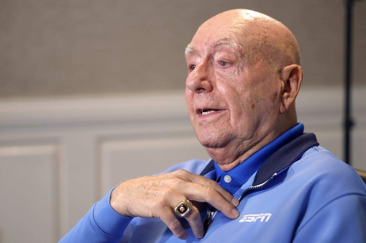 Dick Vitale speaks to the media Feb. 7, 2025, a day before returning to air on ESPN for the first time in 22 months. 
