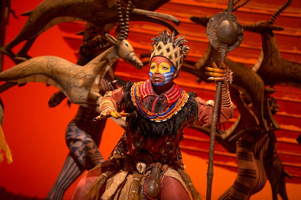 Mukelisiwe Goba as Rafiki, caught up in “The Lion King” stampede. Translating that vast stampede from the film to the stage was one of the challenges that first piqued Julie Taymor’s interest in the project.