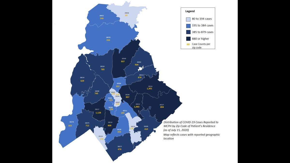 Mecklenburg County distribution of COVID-19 cases, by ZIP code, as of July 15, 2020, which is the latest demographic data available.