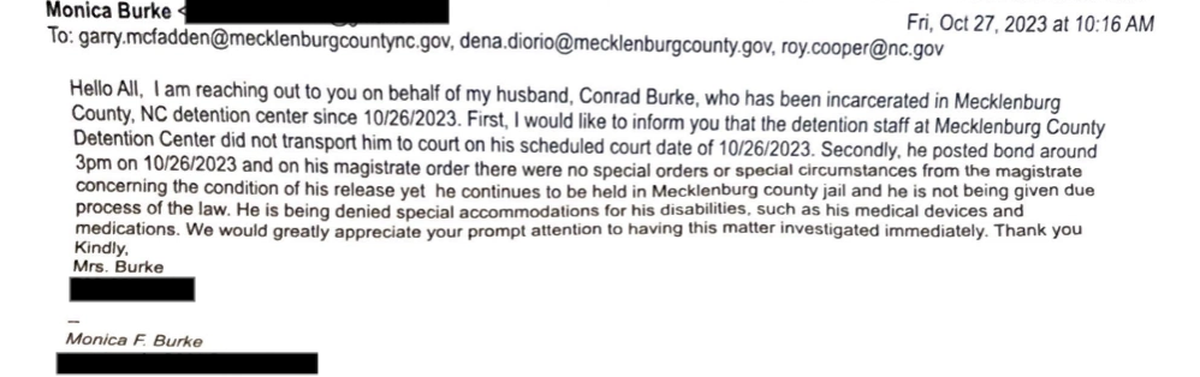 An Oct. 27, 2023, email that Monica Burke sent to Mecklenburg County Sheriff Garry McFadden concerning her husband’s time in the jail.