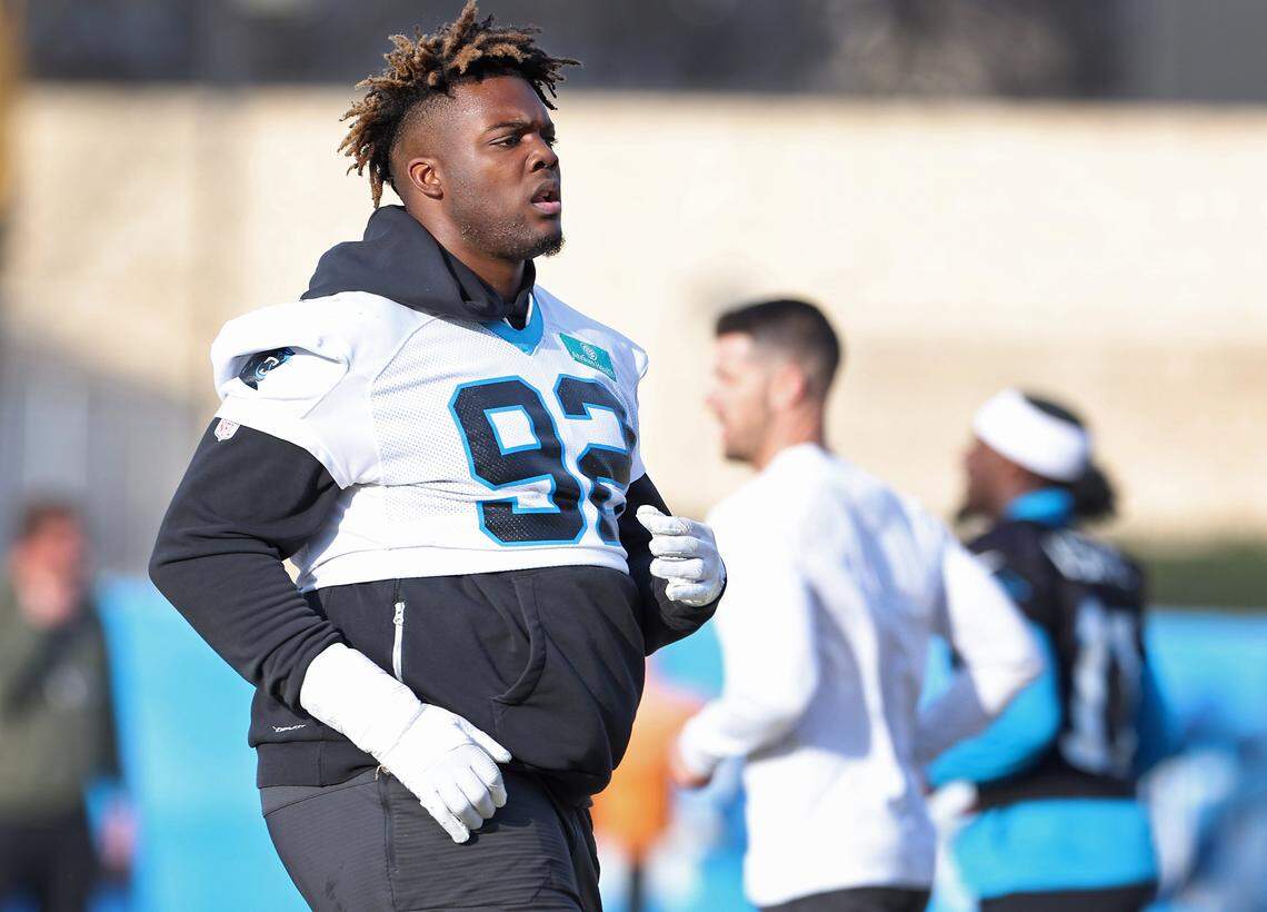 Carolina Panthers defensive tackle Cam Jackson jogs down the field during practice on Tuesday, January 6, 2026 in Charlotte, NC. The Panthers will host the Los Angeles Rams in first round action of the playoffs at Bank of America Stadium on Saturday, January 10, 2026.