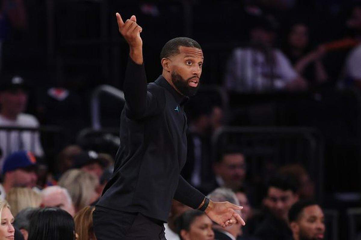 Head coach Charles Lee of the Charlotte Hornets directs his team during the second half against the New York Knicks at Madison Square Garden on Oct. 17, 2025 in New York City.