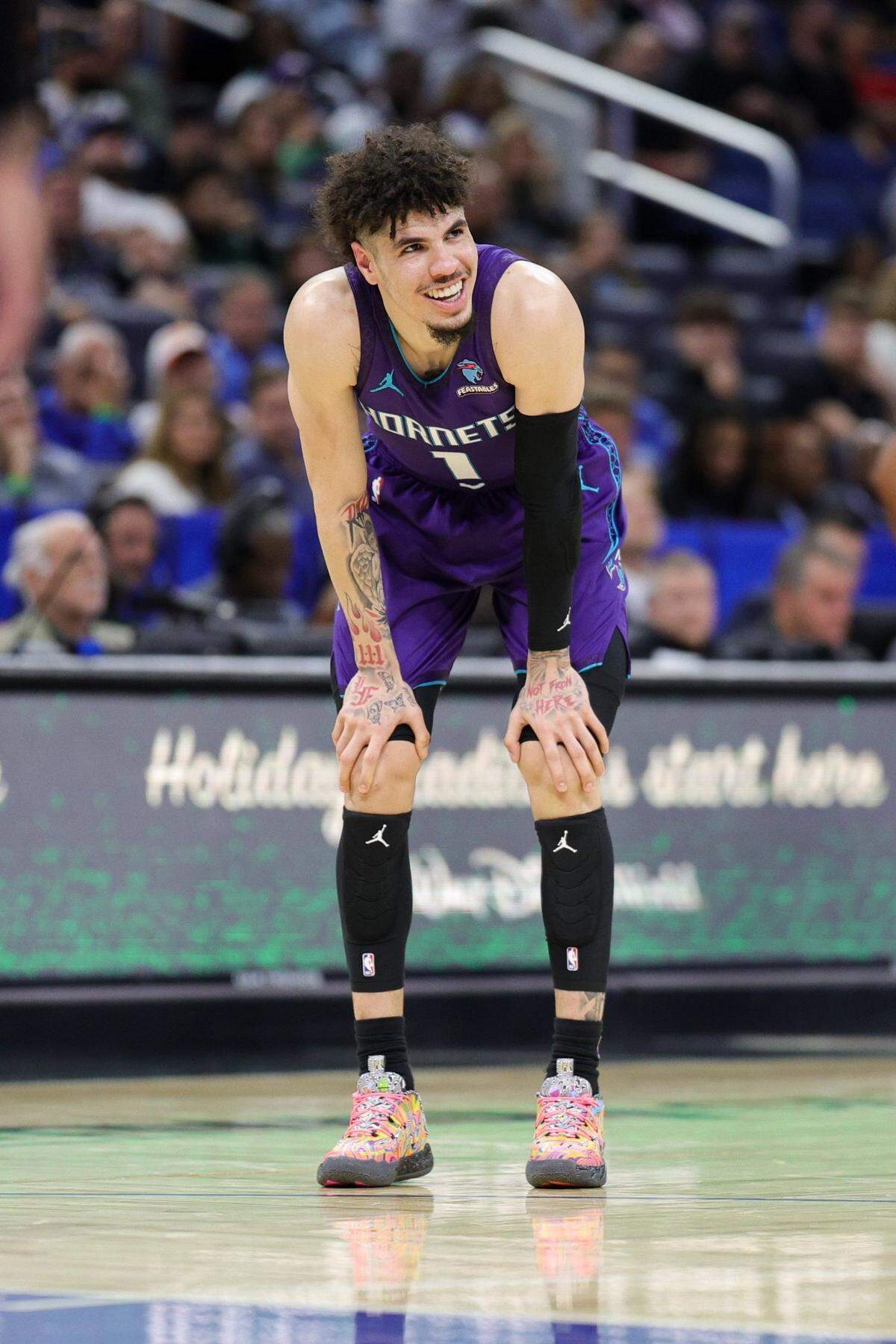 Charlotte Hornets guard LaMelo Ball (1) looks on during a game against the Orlando Magic in the second quarter at Amway Center. 