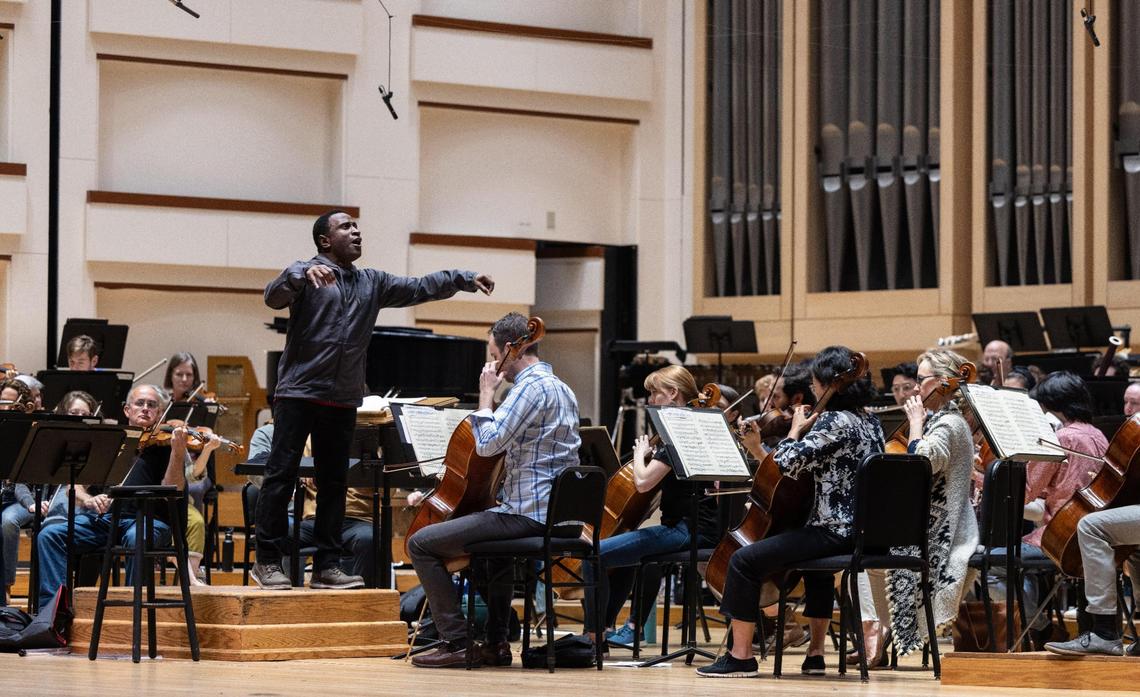The Charlotte Symphony Orchestra will debut at Blume Studios with “Beyond Ocean.” Shown, CSO music director Kwame’ Ryan rehearses April 3, 2024, with the orchestra at the Belk Theater in Charlotte.