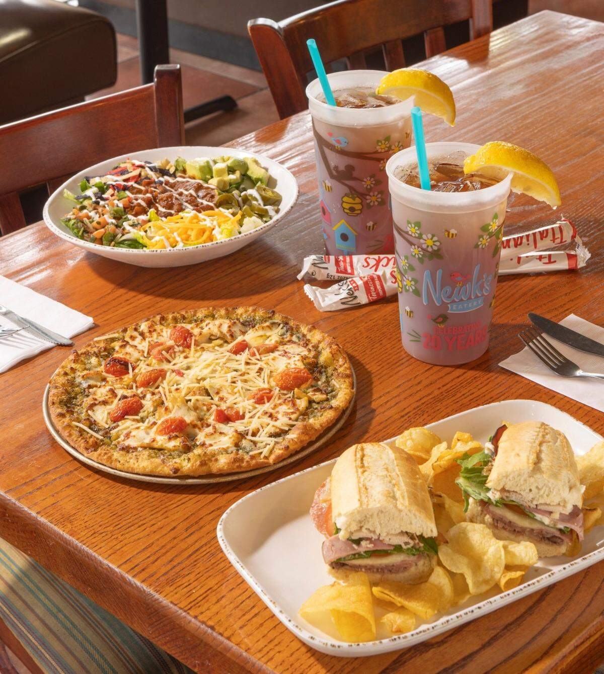 Newk’s Eatery menu includes sandwiches, soups, salads, pizza and desserts.