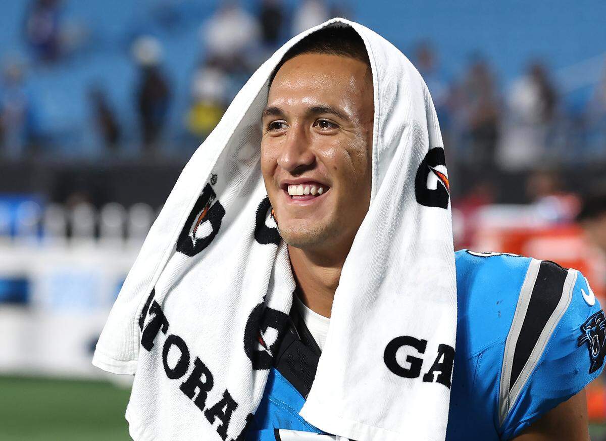 Carolina Panthers wide receiver Tetairoa McMillan following the team’s game against the Cleveland Browns on Friday, August 8, 2025, at Bank of America Stadium in Charlotte, NC. The Browns defeated the Panthers 30-10.