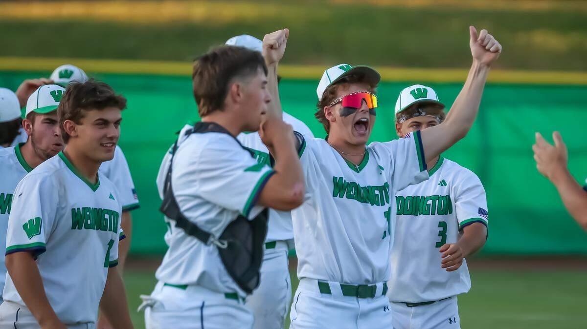Jake Ciapmi throws his arms skyward as he celebrated a Weddington home win over South Mecklenburg on Tuesday, May 6, 2025, that sends the Warriors to the second round of the NCHSAA playoffs.