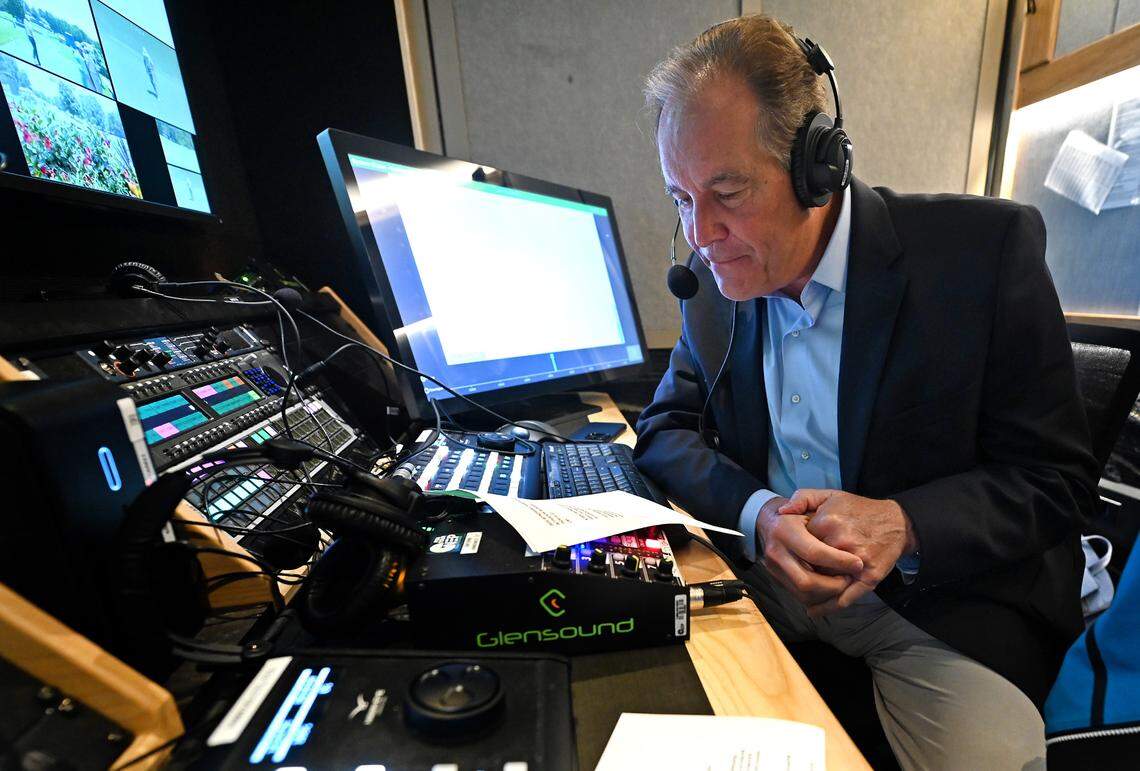 Jim Nantz looks over a script before recording a promotion in Greensboro on August 10, 2024. Nantz is a sportscaster who has worked the telecasts of the NFL, NCAA Division I men’s basketball games, the NBA and PGA golf coverage. Known for his famous intro “Hello Friends,” Nantz has become a fixture at many of sports biggest events, including The Masters.