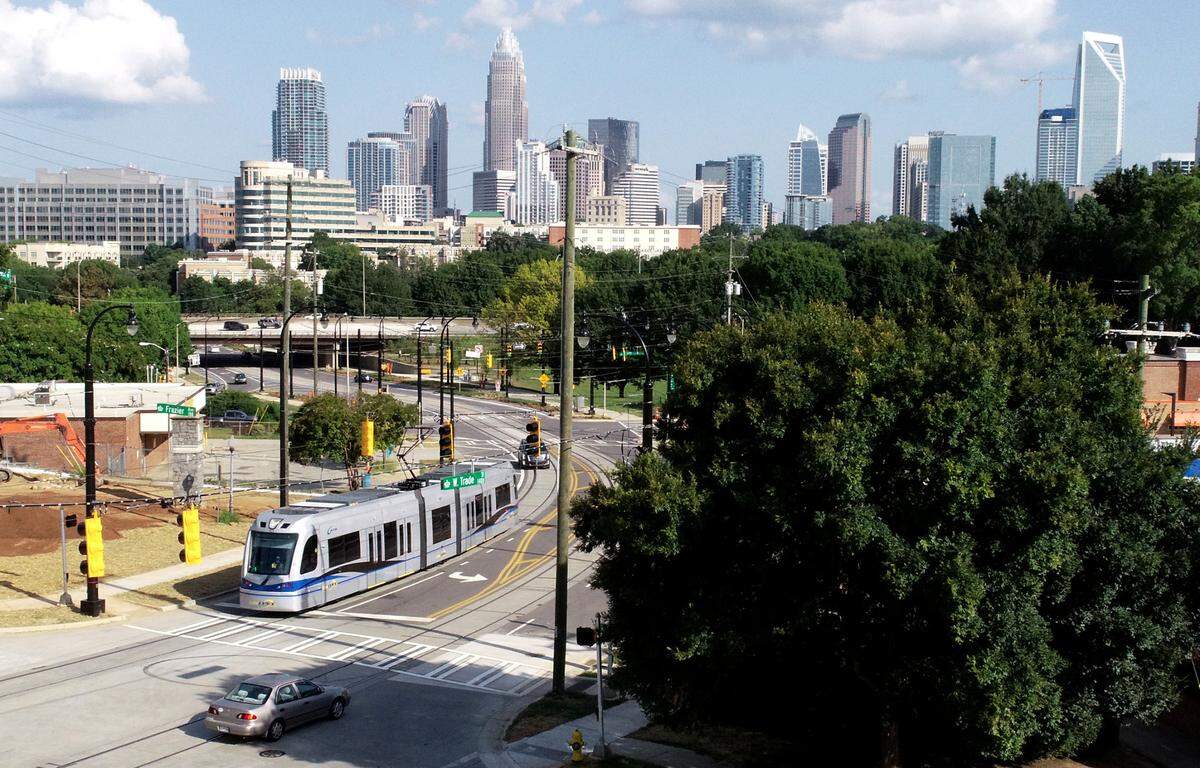 The CityLYNX Gold Line performs a test run along West Trade Street in west Charlotte on Thursday, August 26, 2021. CATS announced that the streetcar will open for passenger service on Monday, August 30.
