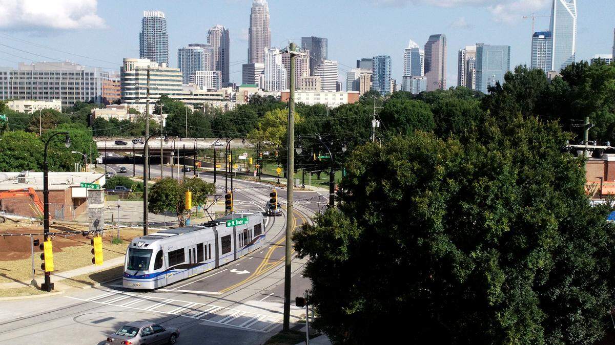 Charlotte’s Gold Line extension is one of the projects that could benefit from tax revenue generated by an additional 1-cent sales tax. Pictured here in 2021, the CityLYNX Gold Line performs a test run along West Trade Street in west Charlotte.