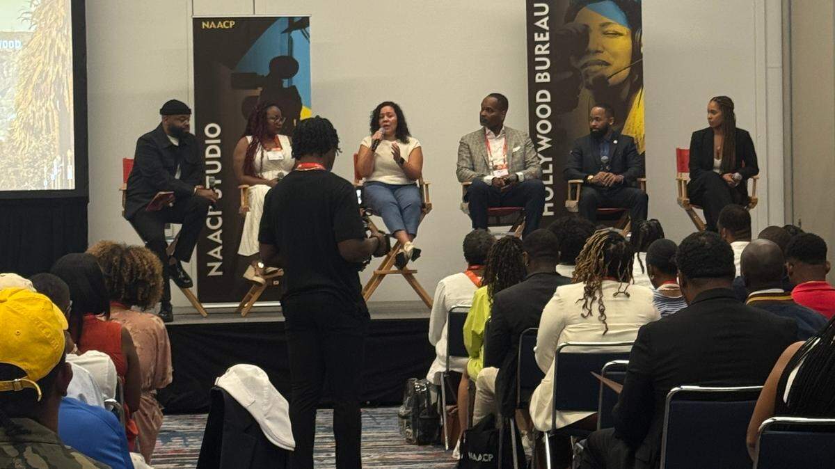 Panelists, from left: Steve Jones, Janeika James, Kelle Rozell, Dexter Cole, Isaiah Jones and Kati Fernandez. They spoke on breaking into the entertainment industry during a Saturday session at the NAACP convention in Charlotte.