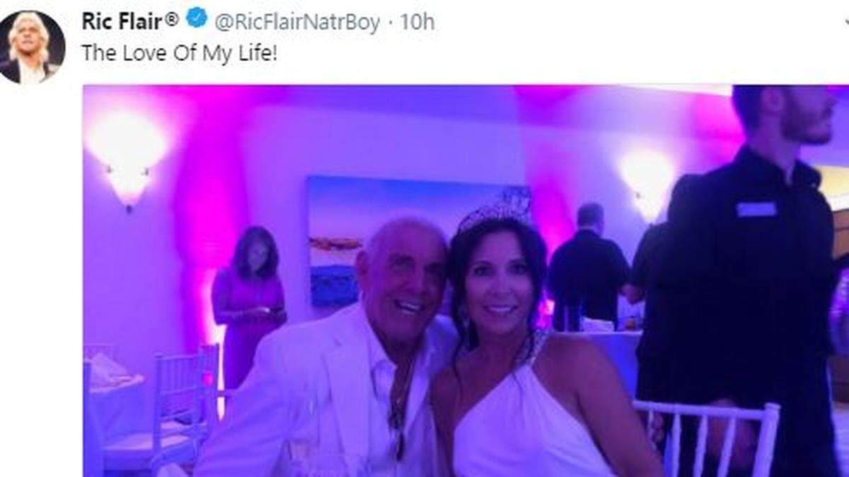 Wrestler Ric Flair married girlfriend Wendy Barlow in a rooftop ceremony in Florida on Wednesday, Sept. 19, 2018.