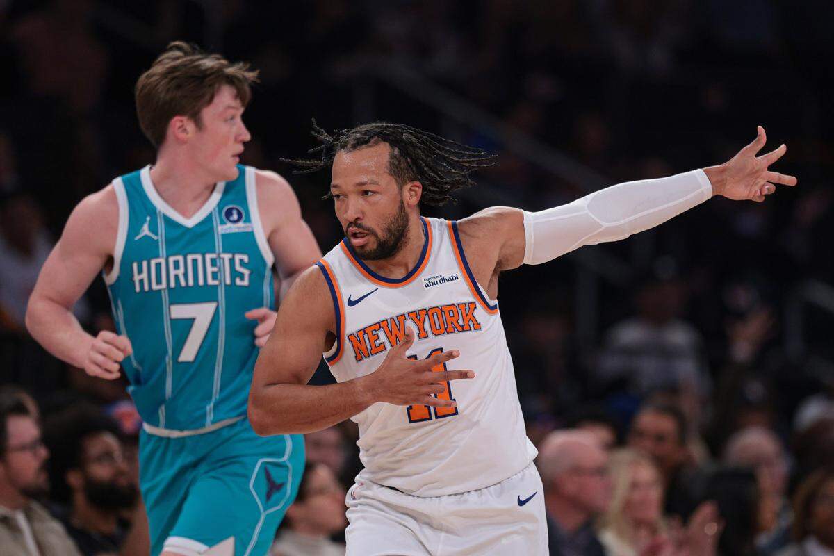 New York Knicks guard Jalen Brunson (11) reacts after making a three=point basket during the first half at Madison Square Garden.