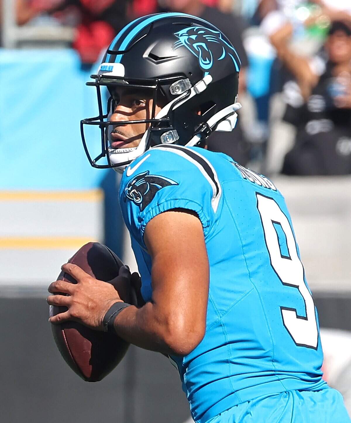 Carolina Panthers quarterback Bryce Young drops back to pass during action against the Tampa Bay Buccaneers at Bank of America Stadium in Charlotte, NC on Sunday, October 25, 2026.