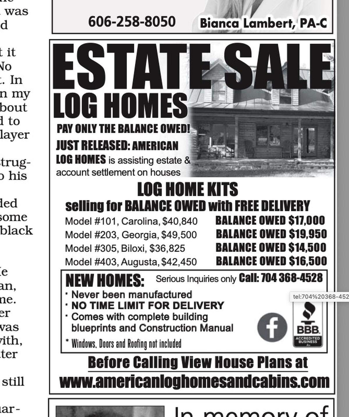 A July 2024 advertisement in the Pleasants County Leader in West Virginia invites customers to inquire about “estate sale log homes” from American Log Homes and Cabins.