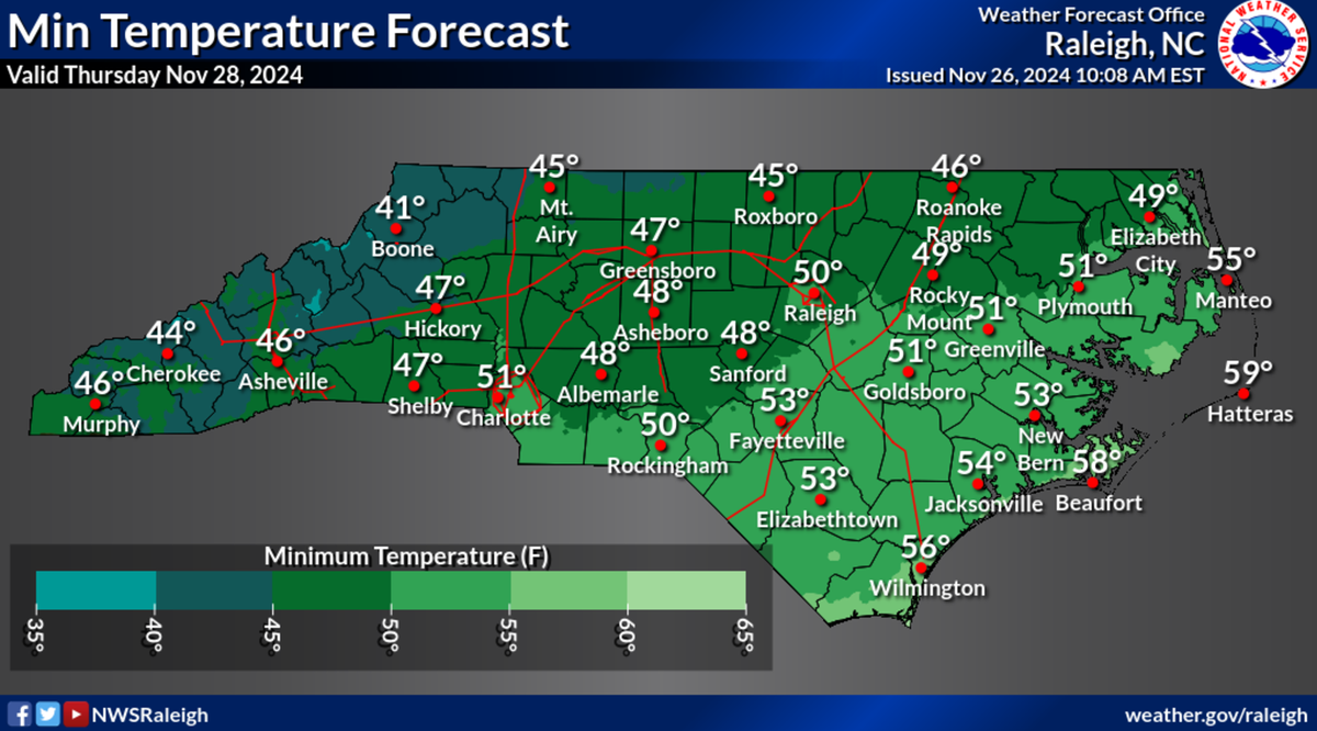 A screenshot of the NWS Statewide Temperature Map for Thursday, Nov. 28.