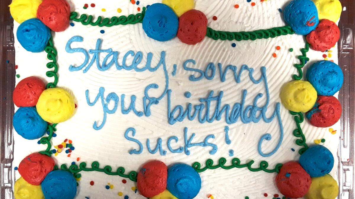 DaVita North Charlotte Dialysis nephrology social worker Stacey Kuhn’s birthday is on April 2, so her coworkers made her a cake that says “Stacey, sorry your birthday sucks!”