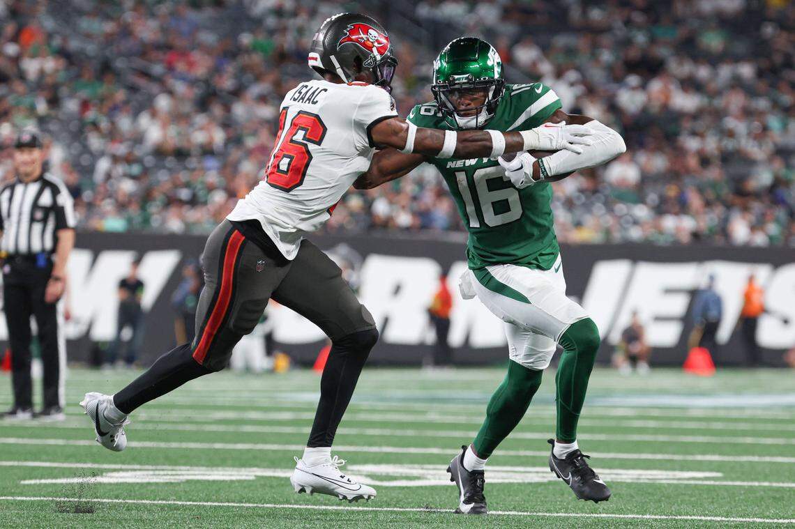 Aug 19, 2023; East Rutherford, New Jersey, USA; New York Jets wide receiver Jason Brownlee (16) is tackled by Tampa Bay Buccaneers cornerback Keenan Isaac (16) during the second half at MetLife Stadium. Mandatory Credit: Vincent Carchietta-USA TODAY Sports