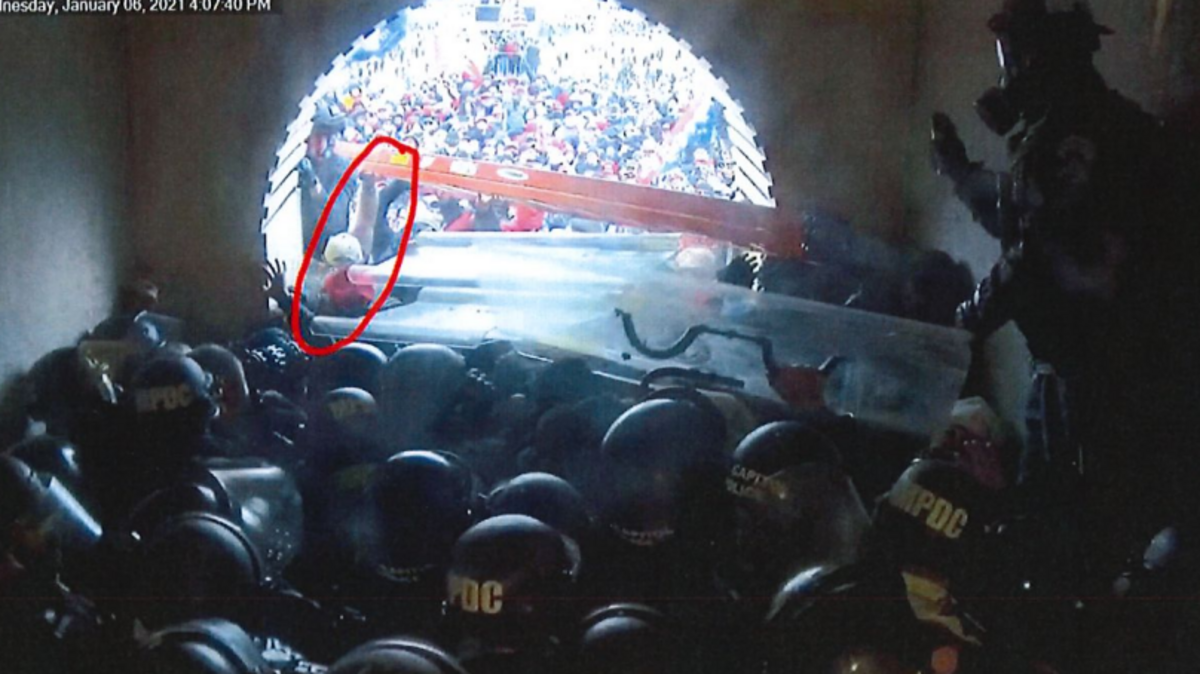 The “tunnel” to the Capitol, where police were packed in on Jan. 6. Brett Rotella, now a defendant in a federal case, allegedly helped push a ladder into the tunnel. This picture was included in an FBI search warrant.