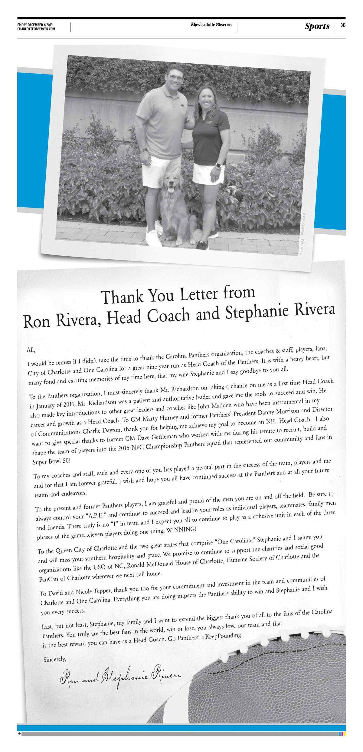 Former Panthers coach Ron Rivera and his wife, Stephanie, bought a full-page ad in The Charlotte Observer to thank the team’s fans and others important to the coach’s nine-year tenure as Carolina’s head coach. The ad was published three days after Rivera was fired with four games left in the 2019 season.