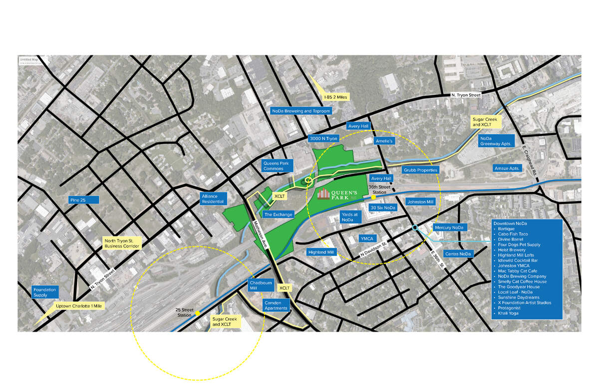 A map shows where Queens Park would go. Supporters say the 220-acre park would provide needed green space in the growing North End as well as better connection between the area and NoDa.