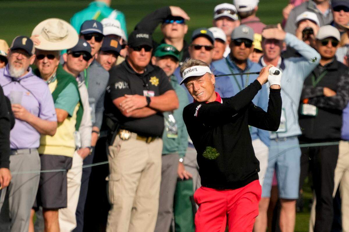Bernhard Langer plays his ball on no. 2 during the first round of the Masters Tournament. 