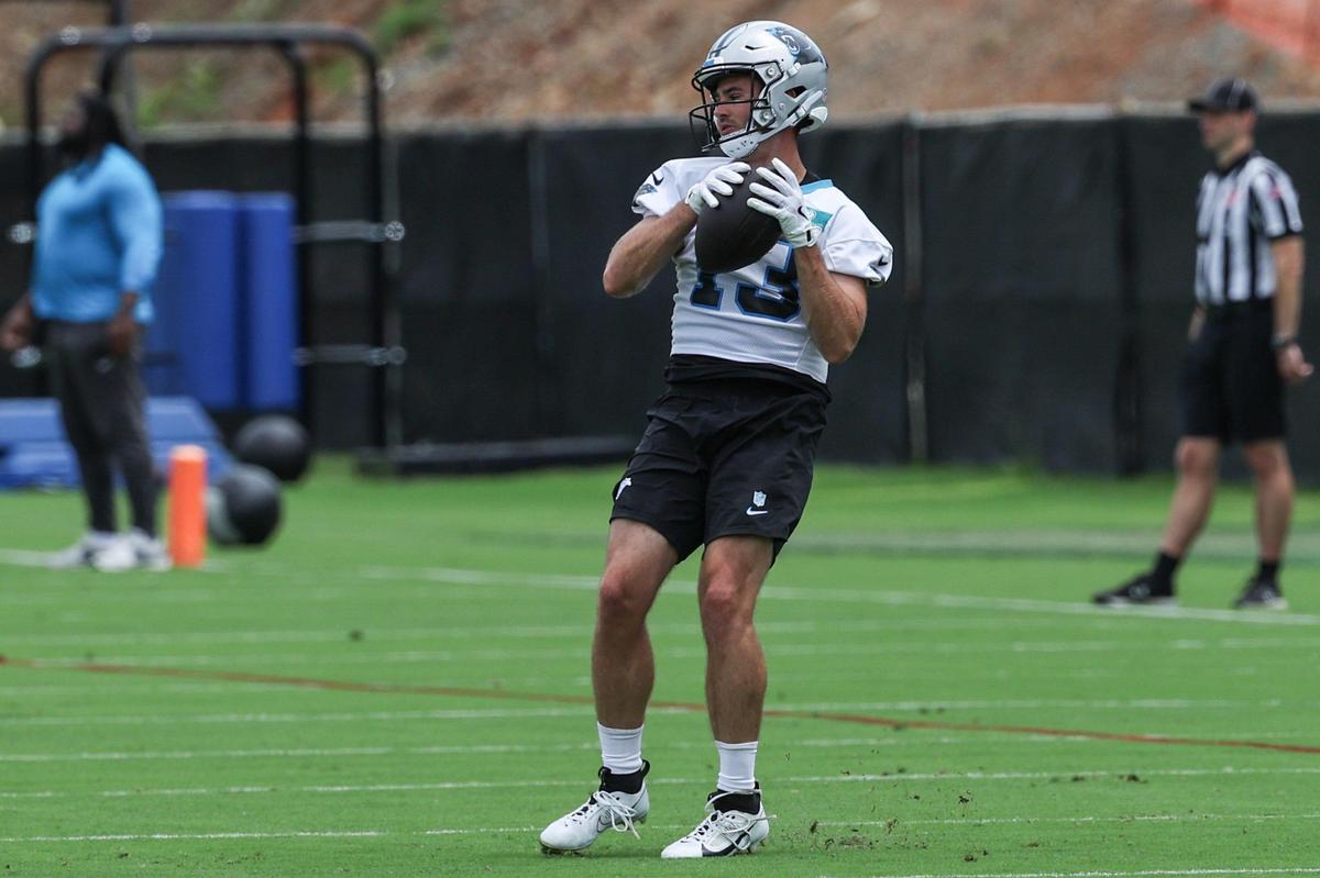 Panthers wide receiver Hunter Renfrow makes a catch during the first day of minicamp at the practice fields behind Bank of America Stadium in Charlotte, NC on Tuesday, June 10, 2025.