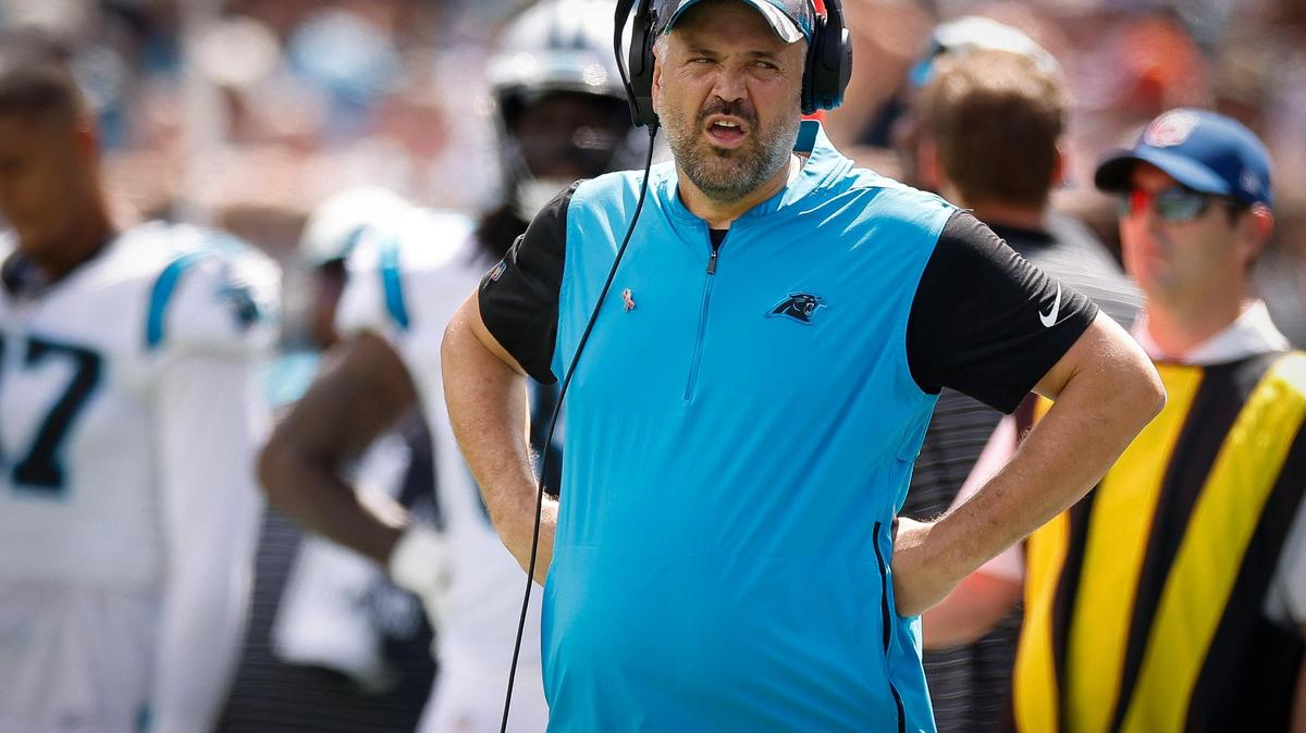 Carolina Panthers head coach Matt Rhule reacts to a call during a game against the Cleveland Browns at Bank of America Stadium in Charlotte, N.C., Sunday, Sept. 11, 2022.