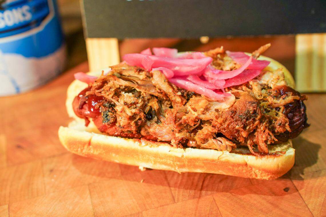 A BBQ bacon-wrapped hot dog at Bank of America Stadium.