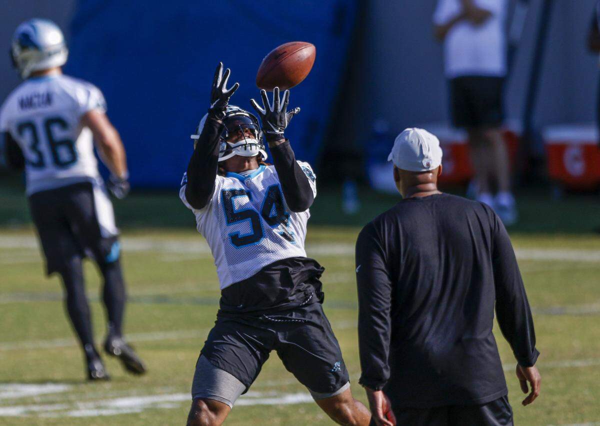 Carolina Panthers linebacker Shaq Thompson (54) will see his largest role with the team this season as he replaces Thomas Davis in the starting lineup.