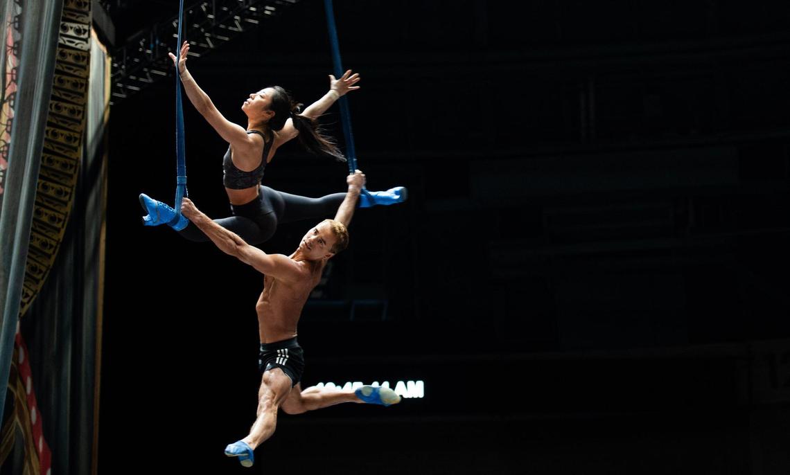 Hitomi Nishikii Kinokuniya and Kunytskyi Oleksandr rehearse their routines during the Cirque Du Soleil’s CORTEO rehearsal at the Bojangles Coliseum.