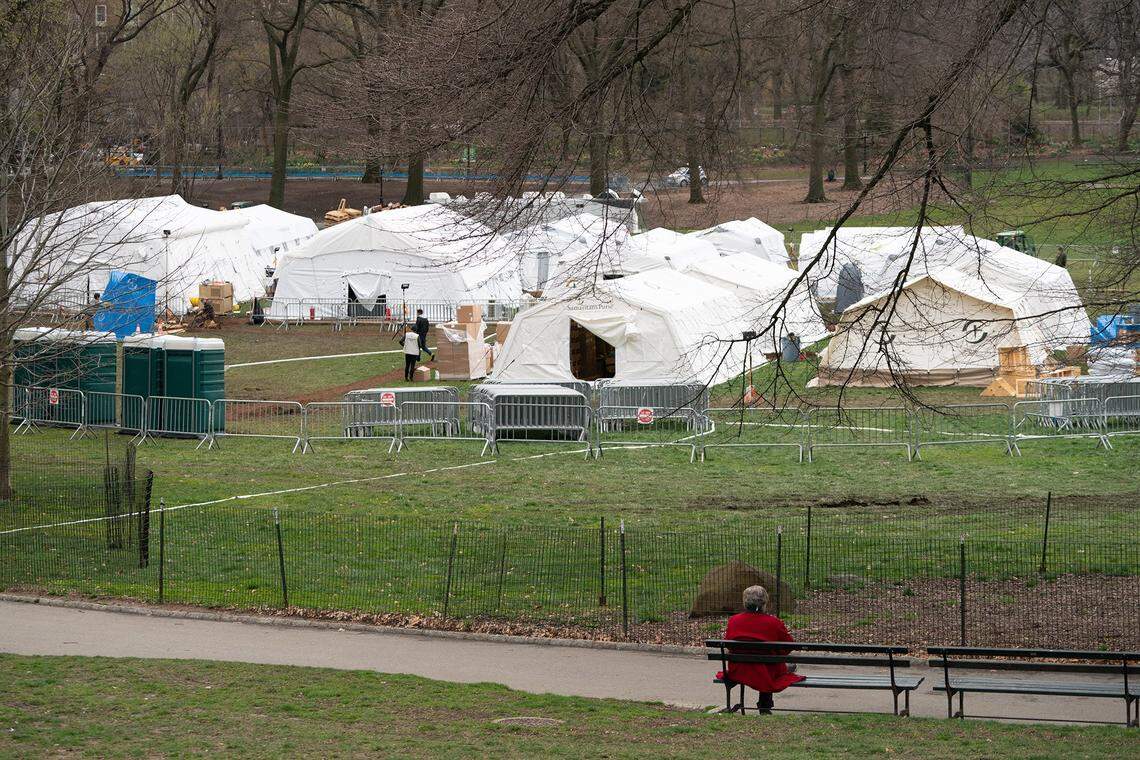 Volunteers and staff from Samaritan’s Purse, evangelist Franklin Graham’s Christian relief organization, set up a field hospital for COVID-19 patients in Central Park across from Mt. Sinai Hospital in New York.