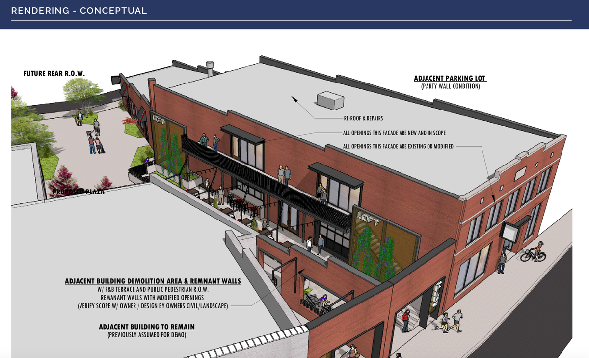 The property at 153 E. White St. is a mixed-use, adaptive reuse project with planned ground-level retail and second-floor creative space with a large patio terrace.