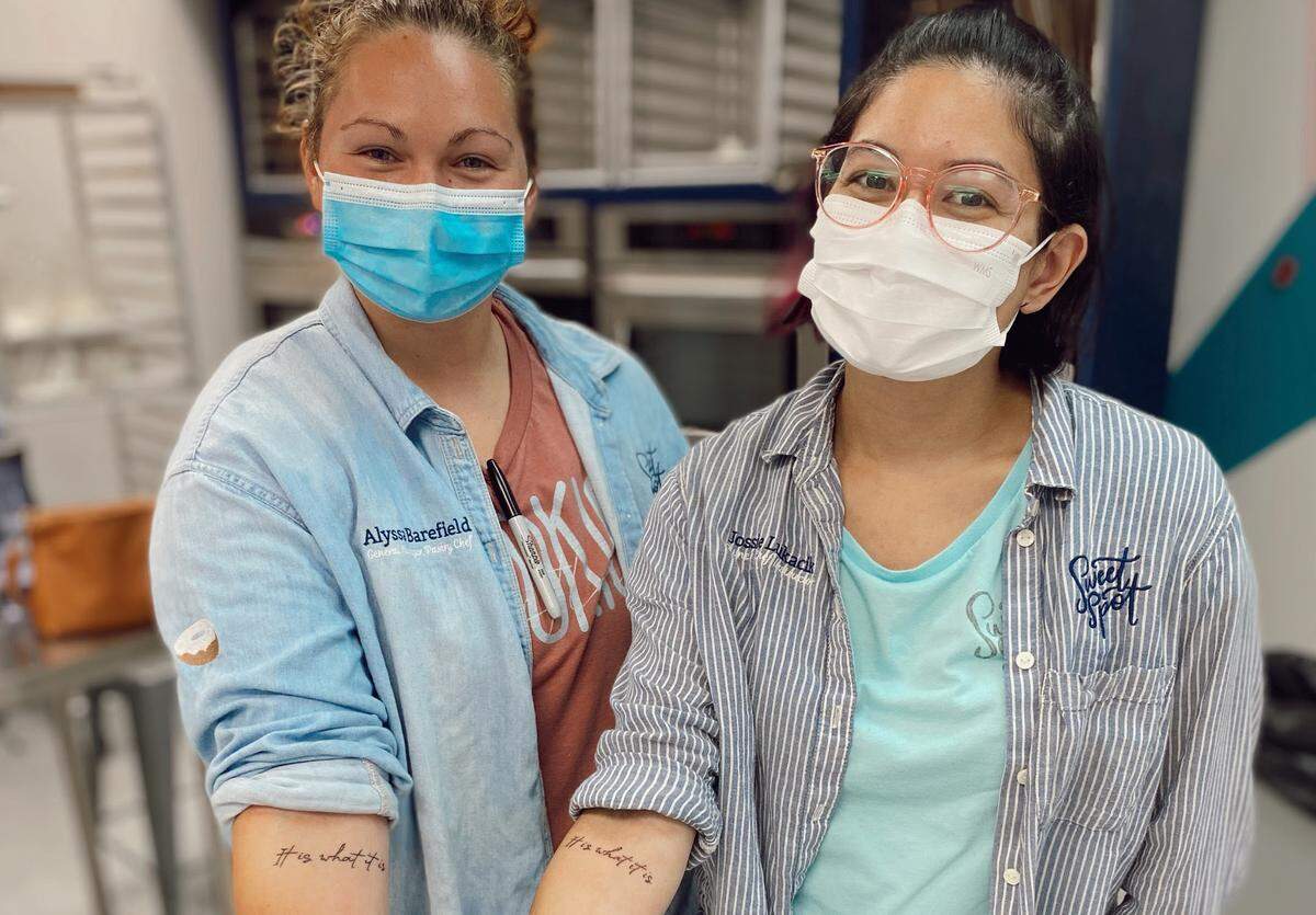 “The short version: It is what it is,” states a new tattoo on the arms of Sweet Spot Studio owner Jossie Lukacik and pastry chef and general manager Alyssa Barefield. The Charlotte studio is pausing its Supply Company and Cookie Club programs.