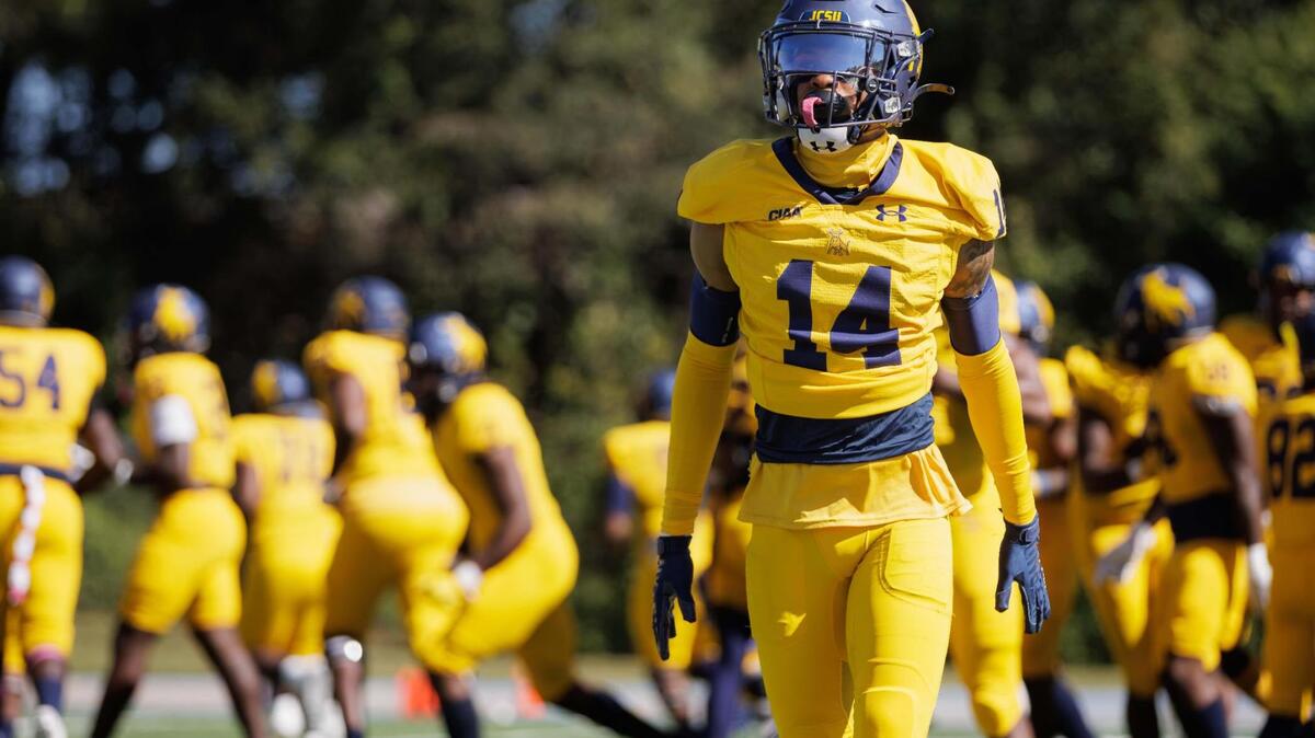 The Bulls Jayden Chalmers runs through pre-game warmups. The Bulls go to 7-0 as they defeat Shaw University 21-14 Saturday October 19, 2024.