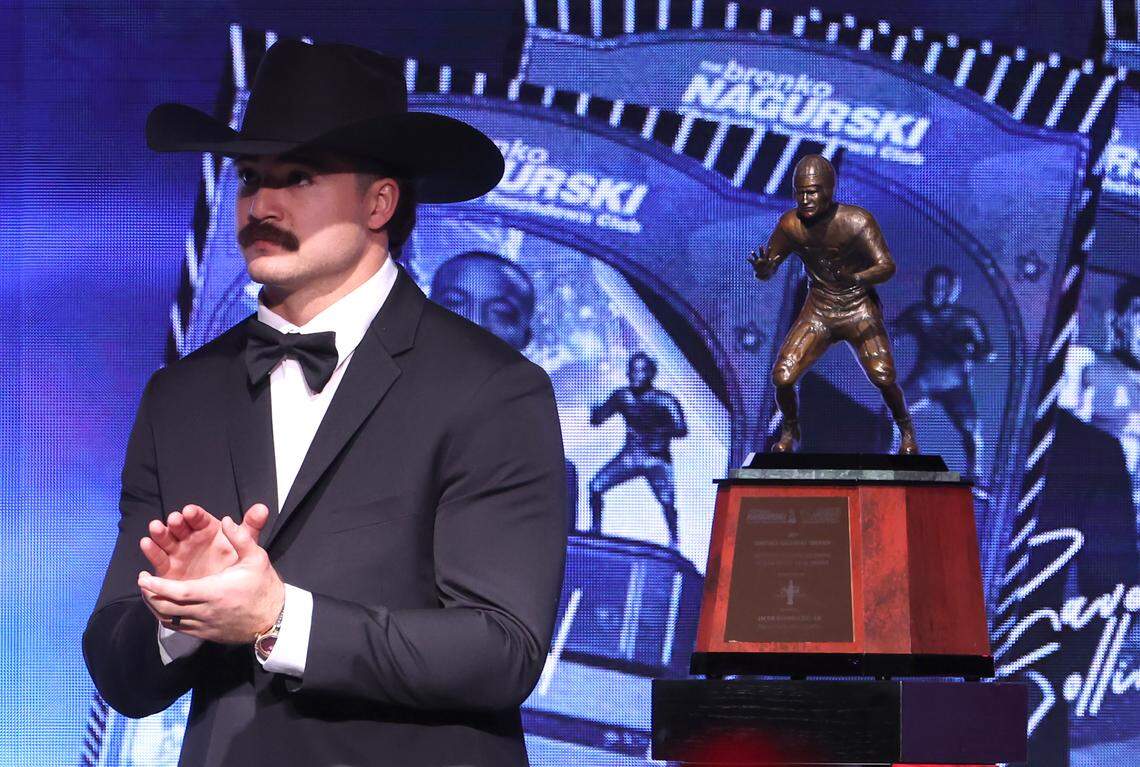 Texas Tech linebacker Jacob Rodriguez is winner of the 2025 Bronko Nagurski Trophy in Charlotte, NC on Monday, December 8, 2025. The program was hosted by the Charlotte Touchdown Club. The award is presented to the NCAA D1 National Defensive Player of the Year.