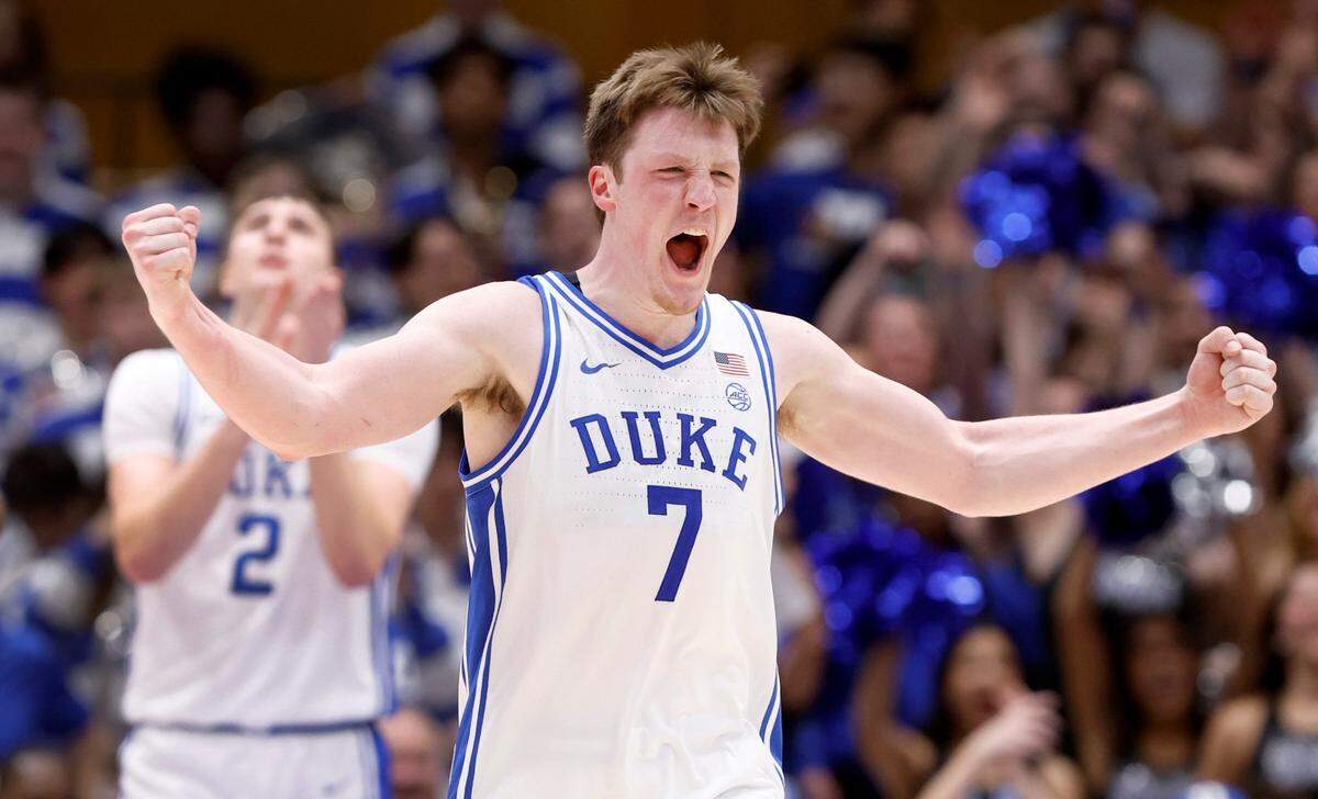Duke's Kon Knueppel (7) celebrates in a 2025 game. He played one year with the Blue Devils and was ACC Tournament MVP after Cooper Flagg got hurt.