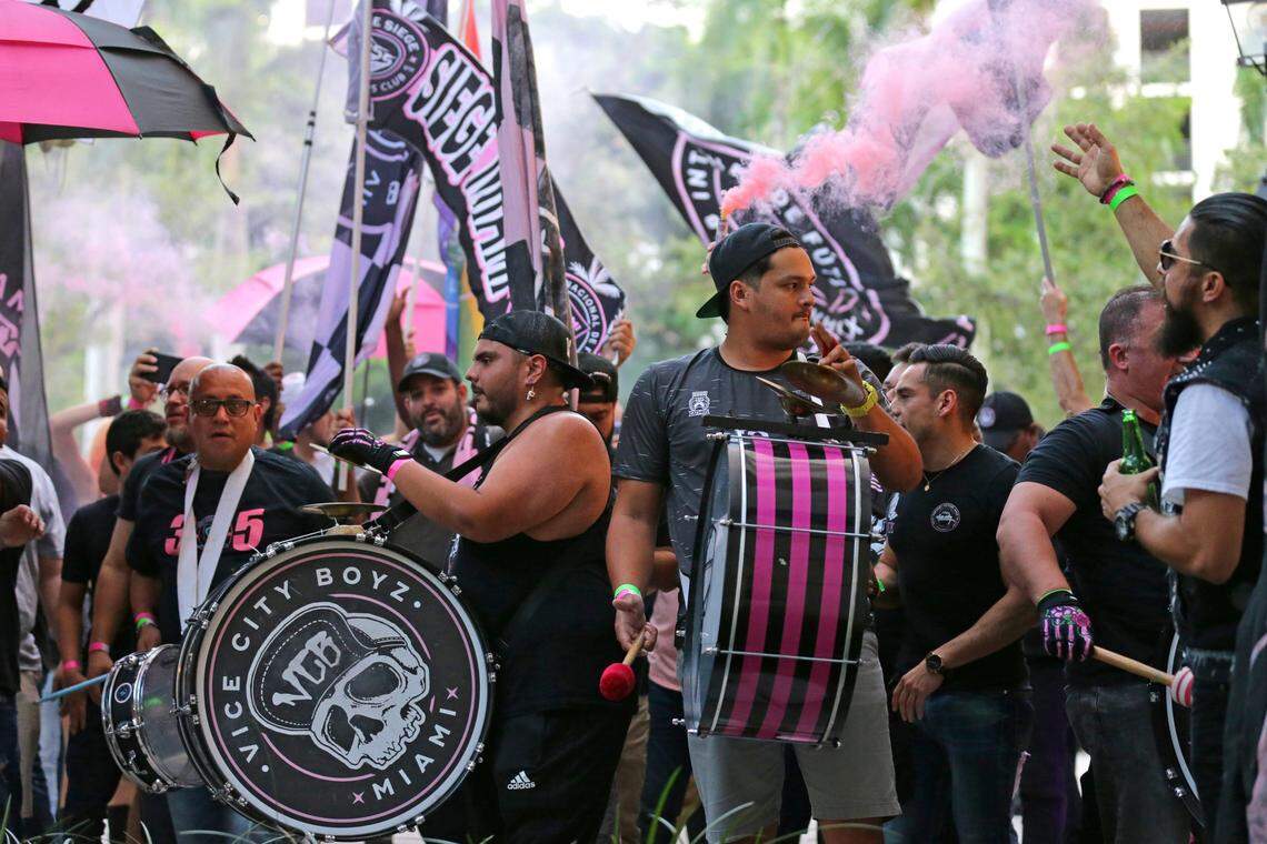 Inter Miami CF supporters celebrate during the 2019 MLS Expansion Draft watch party at the team headquarters in Coral Gables, Florida. The team is one of the most recent MLS expansion teams.