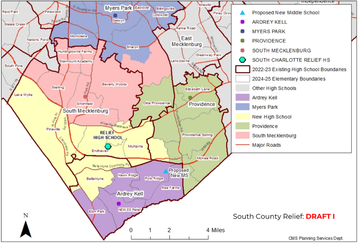 This map shows outlines of high school boundaries after the opening of a new high school in southern Mecklenburg County. The yellow outline shows the boundaries of the new school, which has boundaries that stretch west to east from near Carowinds to the Raintree Country Club area. The new high school’s boundaries run north to south from Pineville-Matthews Road into the Ballantyne area.