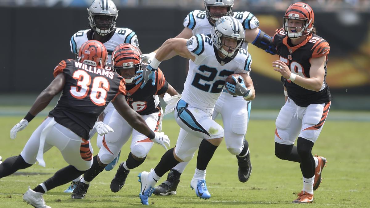 Carolina Panthers running back Christian McCaffrey (22) on Sunday became the first player in franchise history to rush for more than 100 yards the week after having 100 receiving yards.