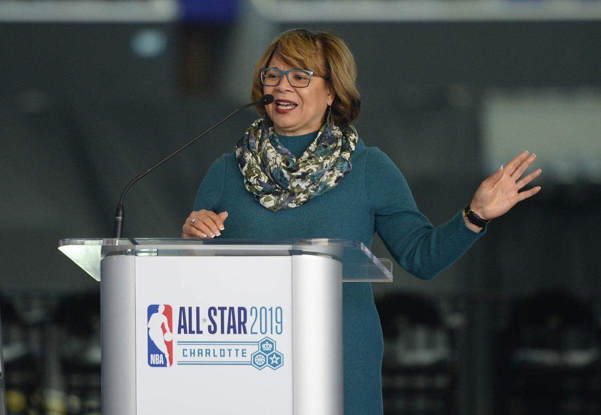 Charlotte Mayor Vi Lyles speaks to the assembled crowd at the Spectrum Center on Thursday, January 31, 2019 during a press conference for the upcoming NBA All-Star Weekend in Charlotte. 