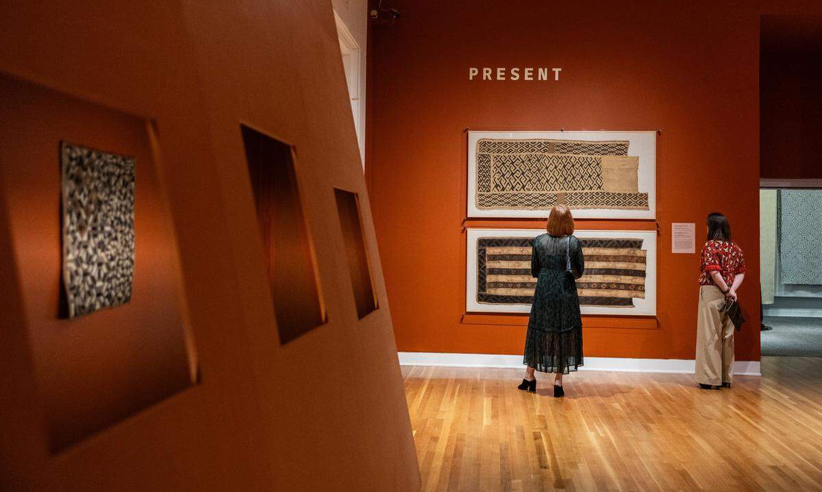 People look a the "Designing Dynamism: Kuba Textiles from the DR Congo, The Wesley Mancini Collection," at the Mint Museum Randolph in Charlotte, N.C., on Thursday, February 19, 2026.