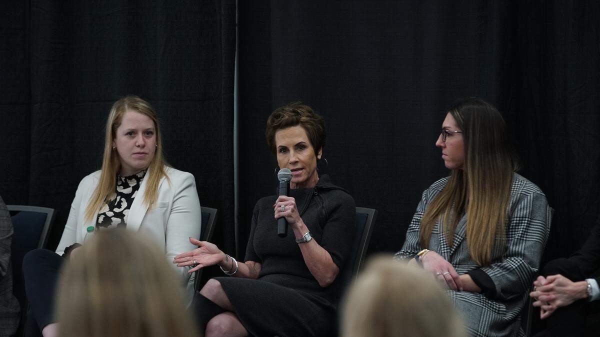 Nine women sat on the panel the Charlotte Checkers organized on Wednesday, March 8, 2023 (International Women’s Day) to discuss their experiences working in sports. From left to right in the photo: AHL referee Elizabeth Mantha, VP of Corporate Partnerships Mary Grams and VP of Hockey Operations for the AHL Hayley Moore.