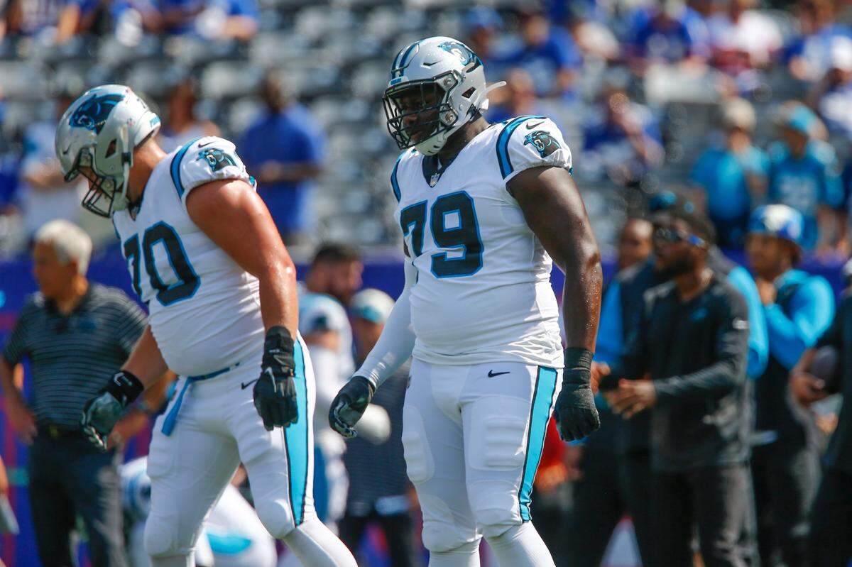 Carolina Panthers’ Ikem Ekwonu (79) warms-up before an NFL football game against the New York Giants, Sunday, Sept. 18, 2022, in East Rutherford, N.J. (AP Photo/John Munson)