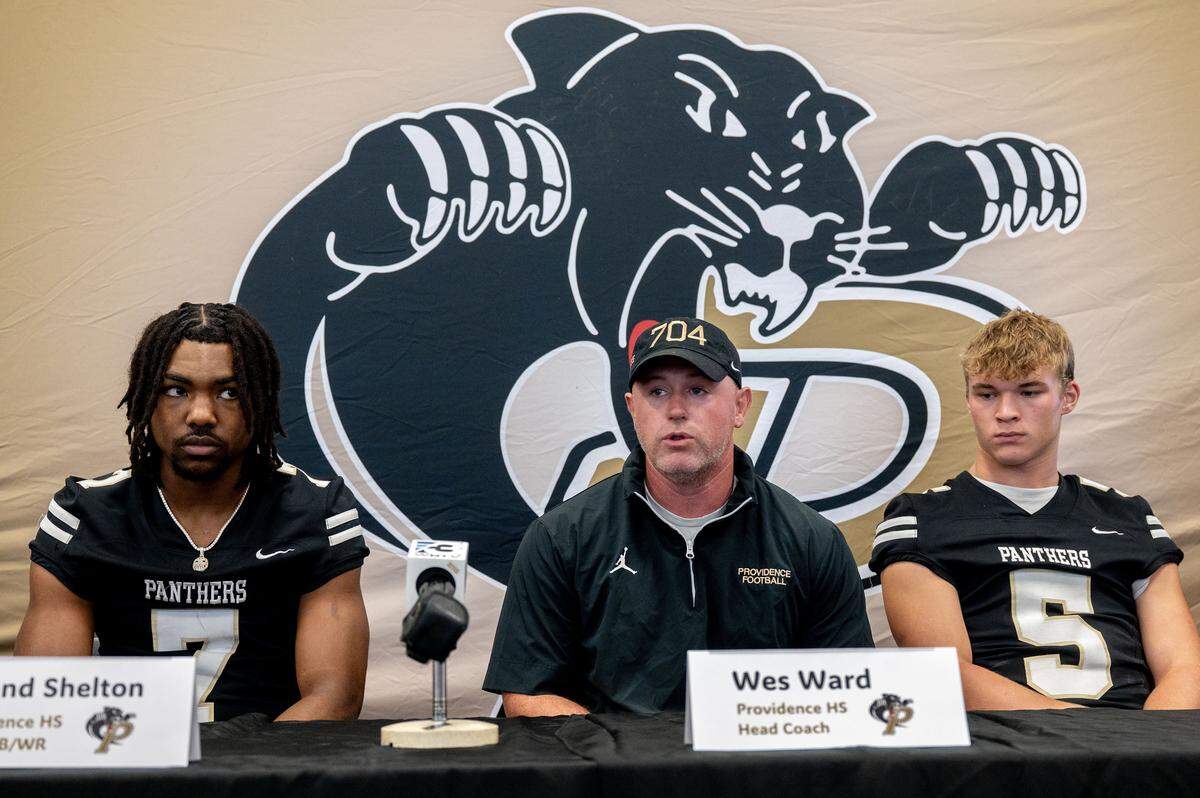 Providence football coach Wes Ward during the Southwestern 7A/8A conference’s football media day on July 29, 2025, at Rocky River High School.