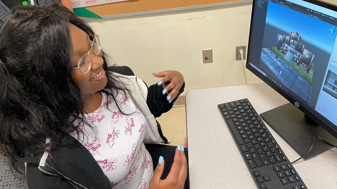Mariyah Curb, student at Phillip O. Berry Academy of Technology uses a computer to create a 3D virtual model on June 1, 2024 of the former United House of Prayer that once stood on McDowell Street in Charlotte’s former Brooklyn neighborhood. The project is a part of a larger effort with Johnson C. Smith University to create a virtual museum of historic Black communities.