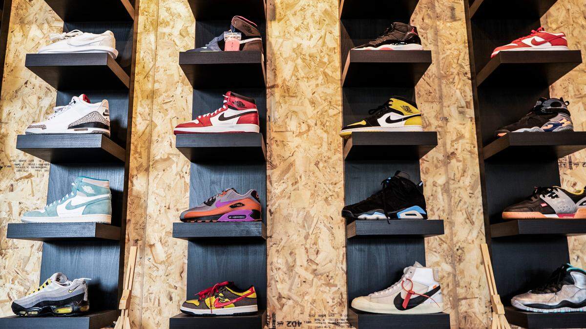 The sneaker display at Shoed Gallery.