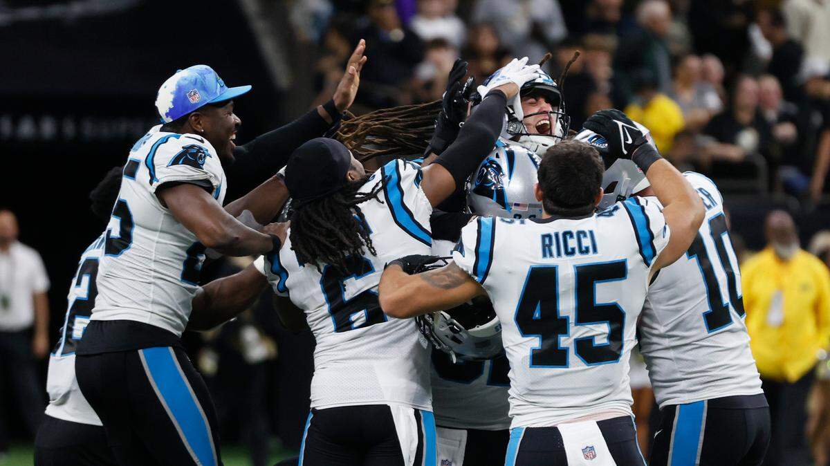 Carolina Panthers place kicker Eddy Piñeiro celebrates after kicking the winning field goal on the final play in an NFL football game between the Carolina Panthers and the New Orleans Saints in New Orleans, Sunday, Jan. 8, 2023. Carolina won, 10-7.